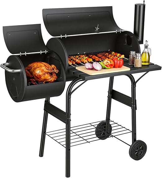Houtskoolgrill met deksel en thermometer, grillwagen met wielen, 2 kamers rookoven voor directe en indirecte grill, tuinbarbecue met plank, zwart