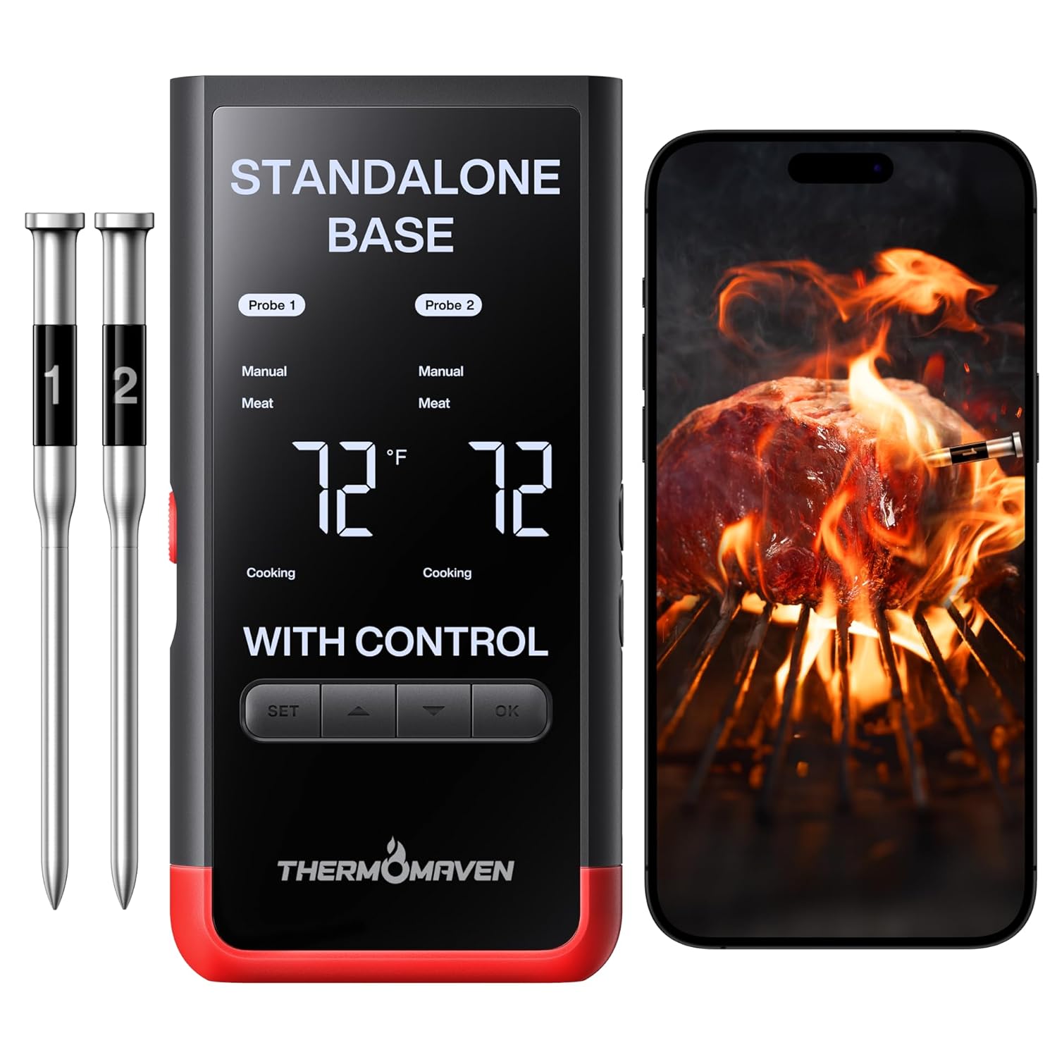 ThermoMaven Intelligente draadloze bluetooth-vleesthermometer: vrijstaande basis, onbeperkt wifi-bereik, 6 sensoren met NIST-gecertificeerde precisie, 2 sondes voor keuken, barbecue, barbecue, oven