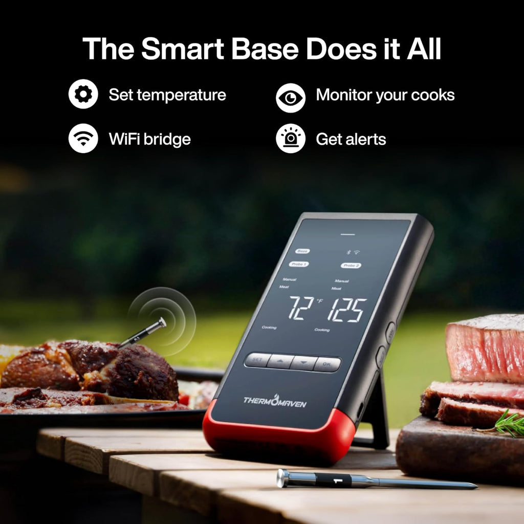 ThermoMaven Intelligente draadloze bluetooth-vleesthermometer: vrijstaande basis, onbeperkt wifi-bereik, 6 sensoren met NIST-gecertificeerde precisie, 2 sondes voor keuken, barbecue, barbecue, oven