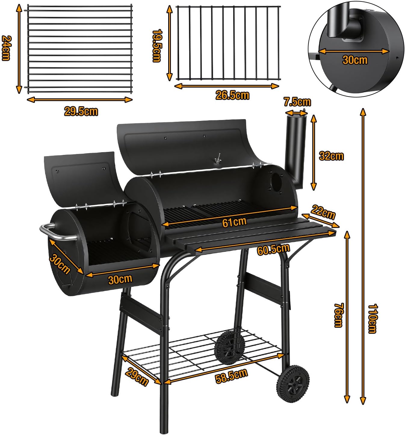Houtskoolgrill met deksel en thermometer, grillwagen met wielen, 2 kamers rookoven voor directe en indirecte grill, tuinbarbecue met plank, zwart