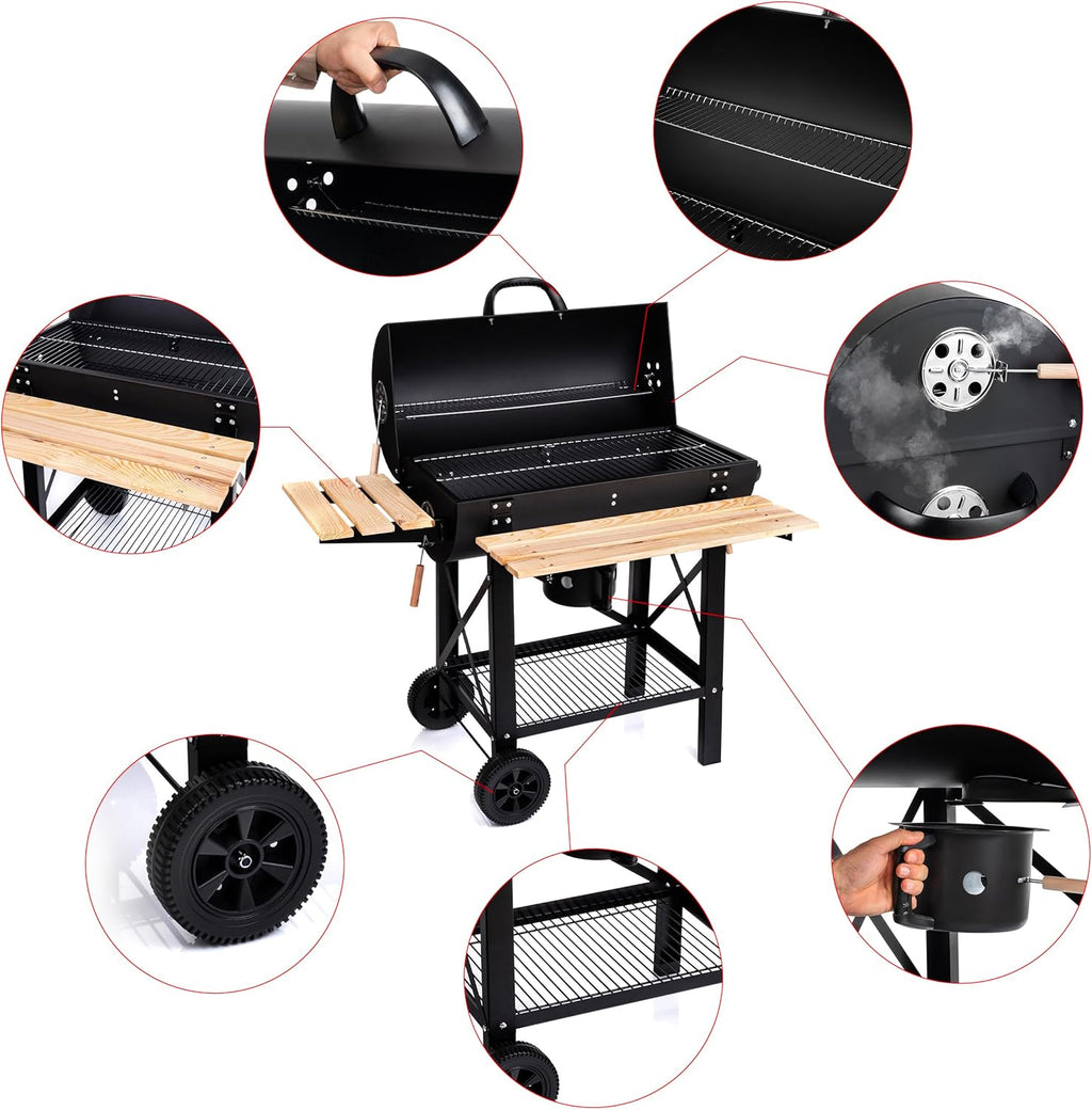 LEHMANN Houtskoolgrill met XL-grillrooster, met twee houten planken, deksel, wielen en niet-verwarmde handgreep