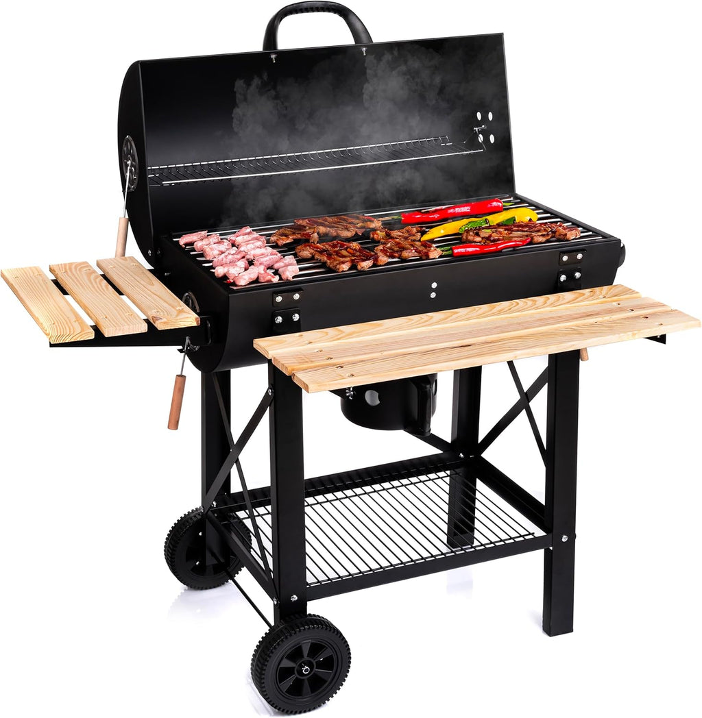 LEHMANN Houtskoolgrill met XL-grillrooster, met twee houten planken, deksel, wielen en niet-verwarmde handgreep