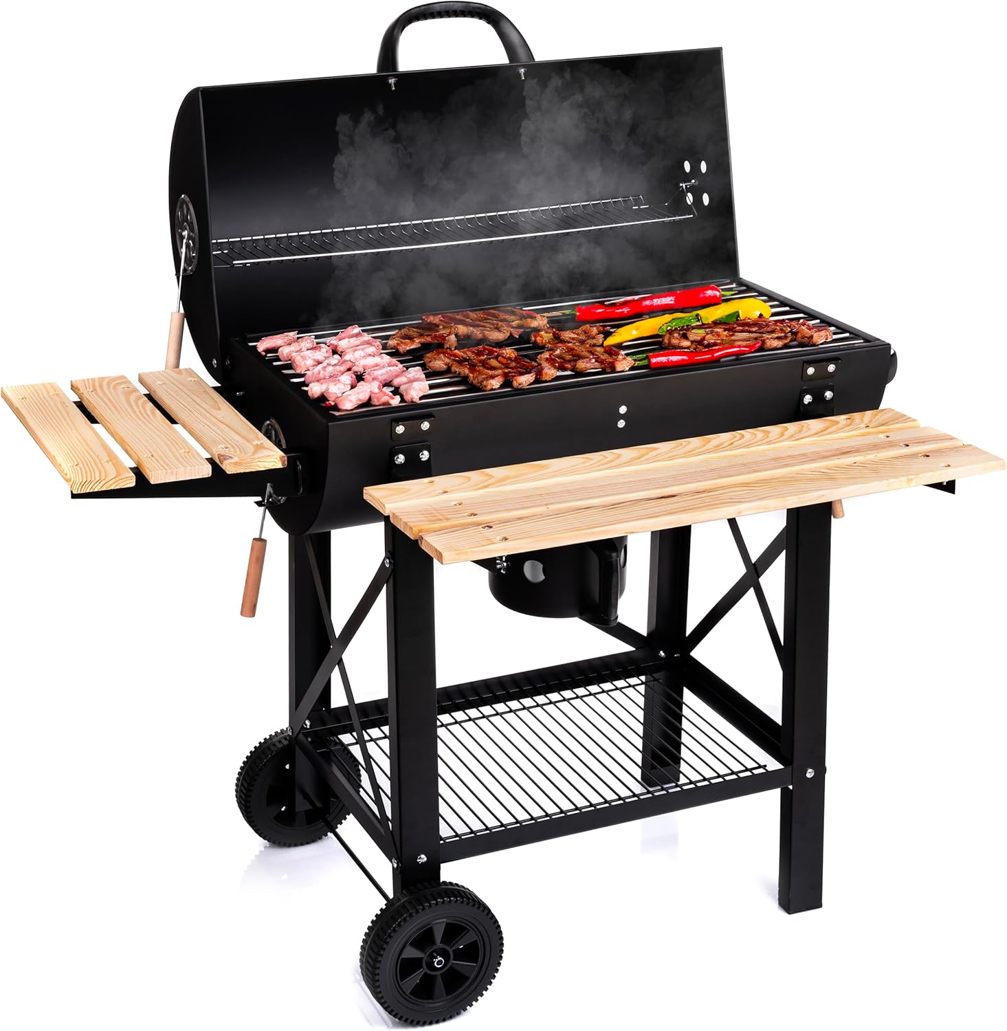 LEHMANN Houtskoolgrill met XL-grillrooster, met twee houten planken, deksel, wielen en niet-verwarmde handgreep