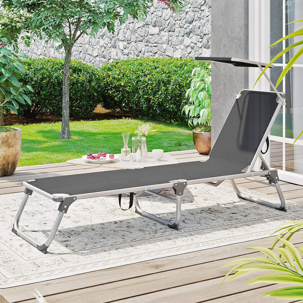 SONGMICS Ligstoel, zonnebed met rugleuning en parasol, inklapbaar