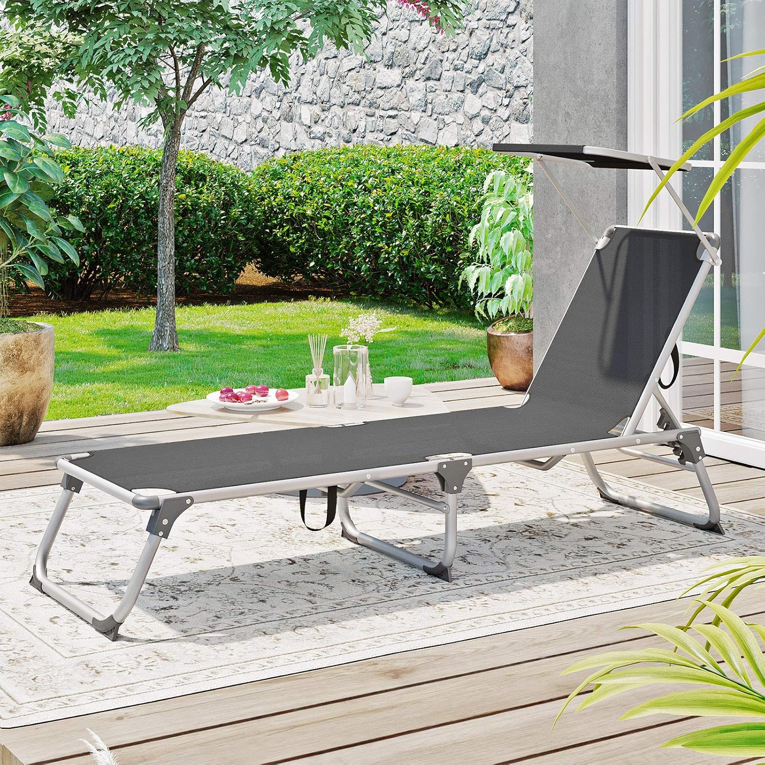SONGMICS Ligstoel, zonnebed met rugleuning en parasol, inklapbaar