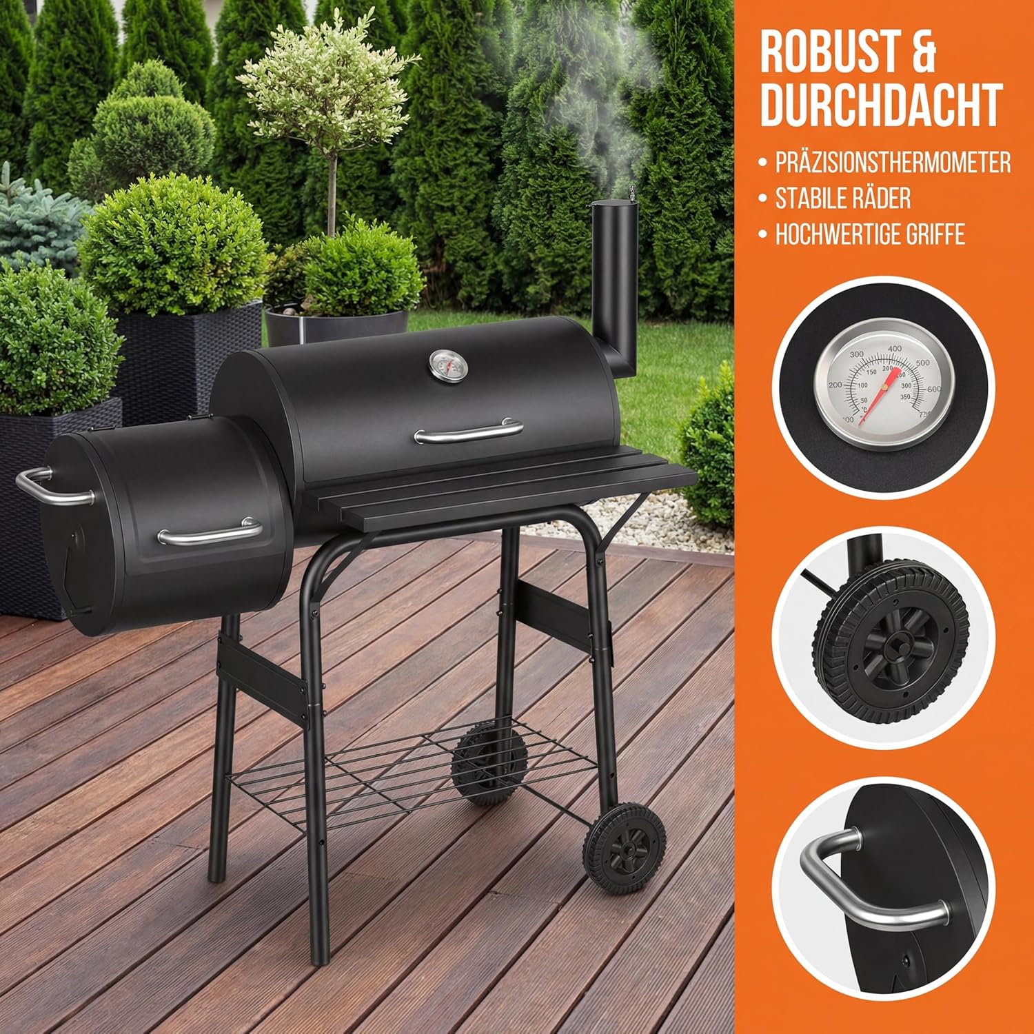 Houtskoolgrill met deksel en thermometer, grillwagen met wielen, 2 kamers rookoven voor directe en indirecte grill, tuinbarbecue met plank, zwart